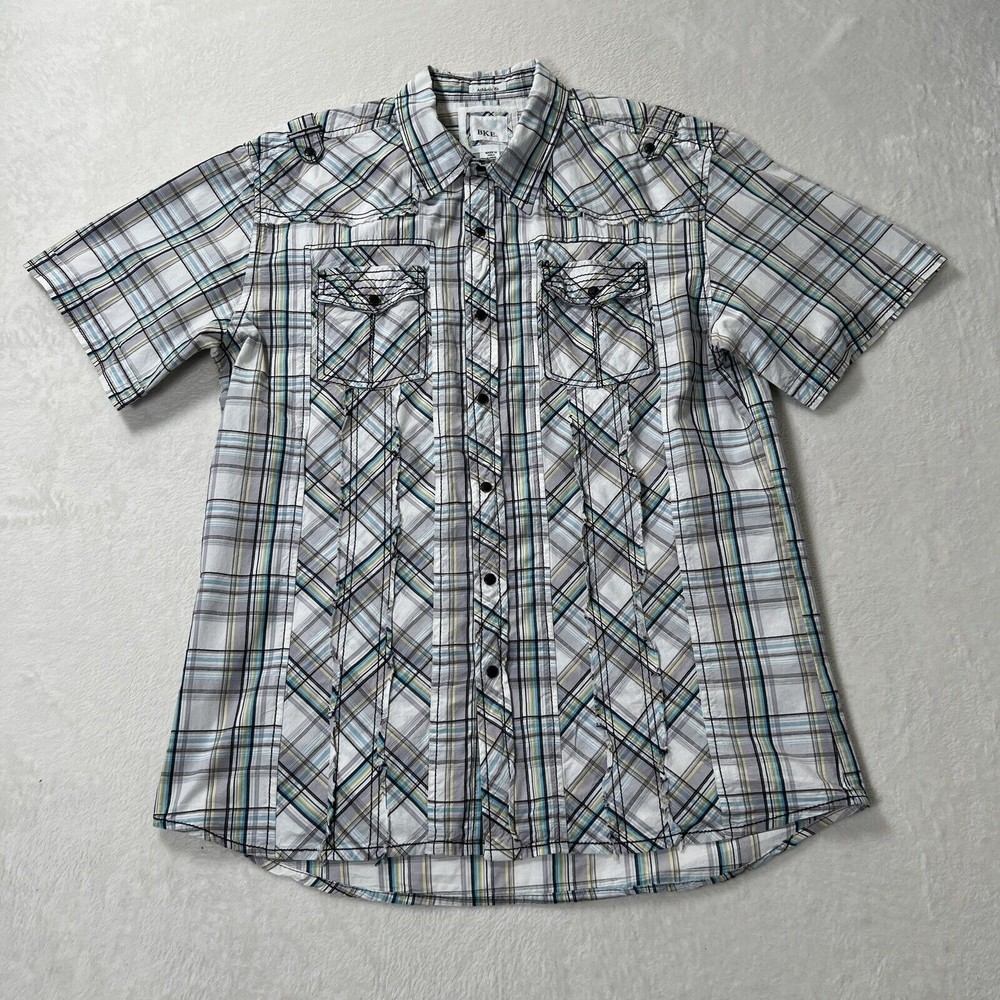 BKE Men's Short Sleeve Plaid Button-Down Shirt in White, Black & Teal